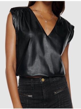 Ramy Brook Annabelle Faux Leather Black Boxy V Neck Sleevless Top Size Small